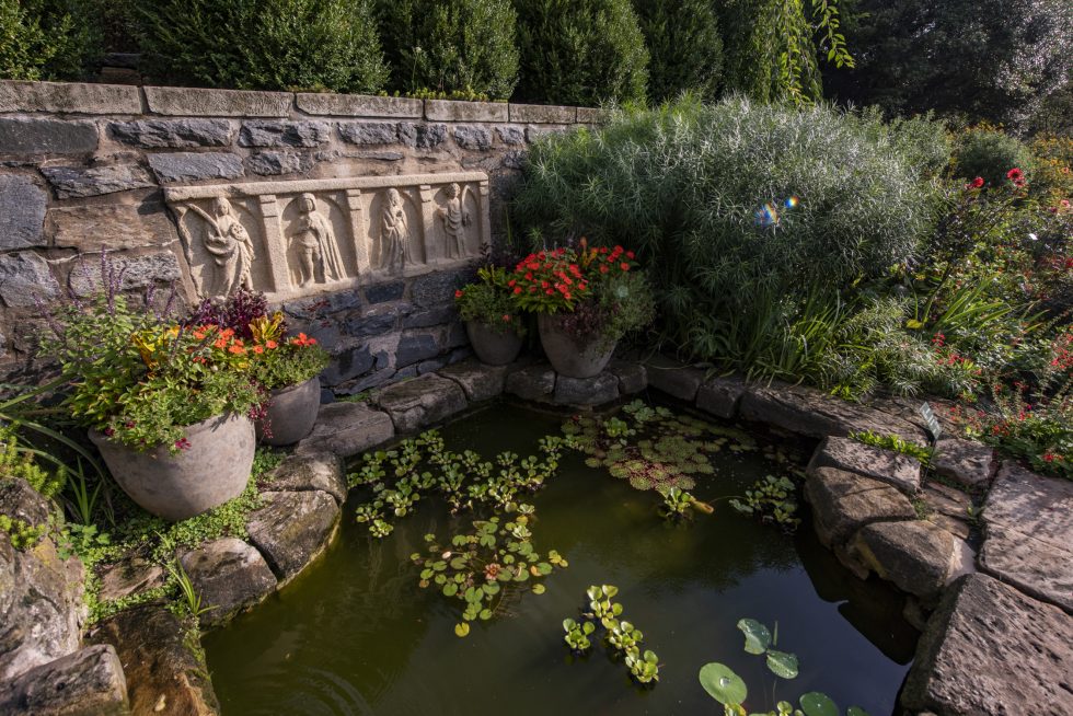 Pond with waterlilies and stone carvings in the Cathedral's gardens