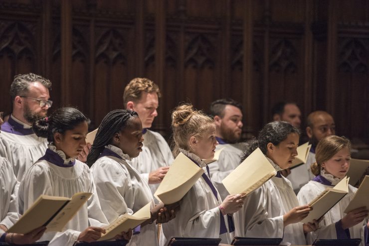 Choristers singing in the Great Choir during Evensong