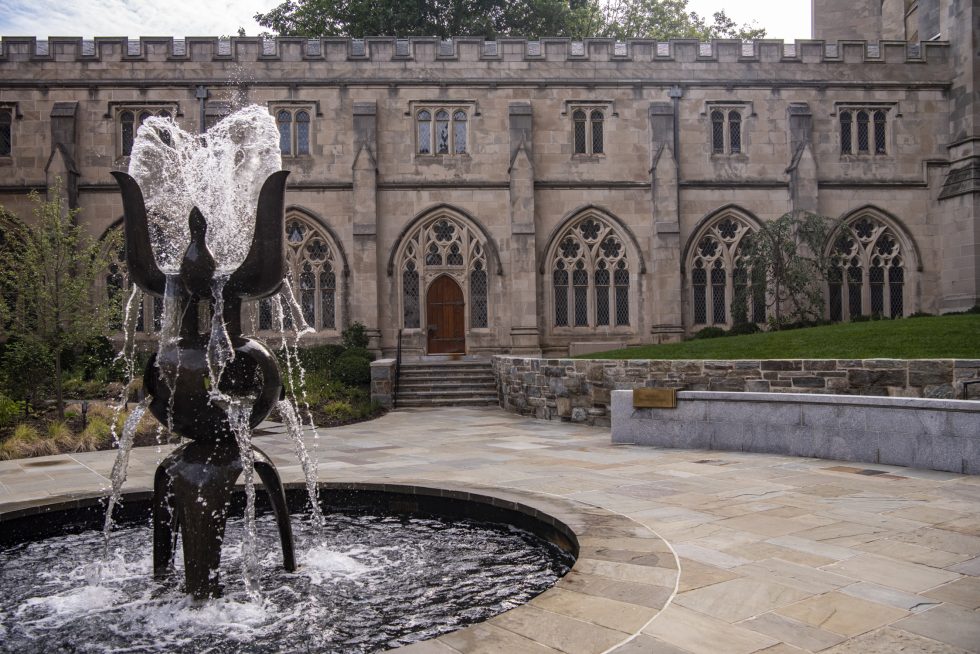 Cathedral garth with modernist fountain in the foreground