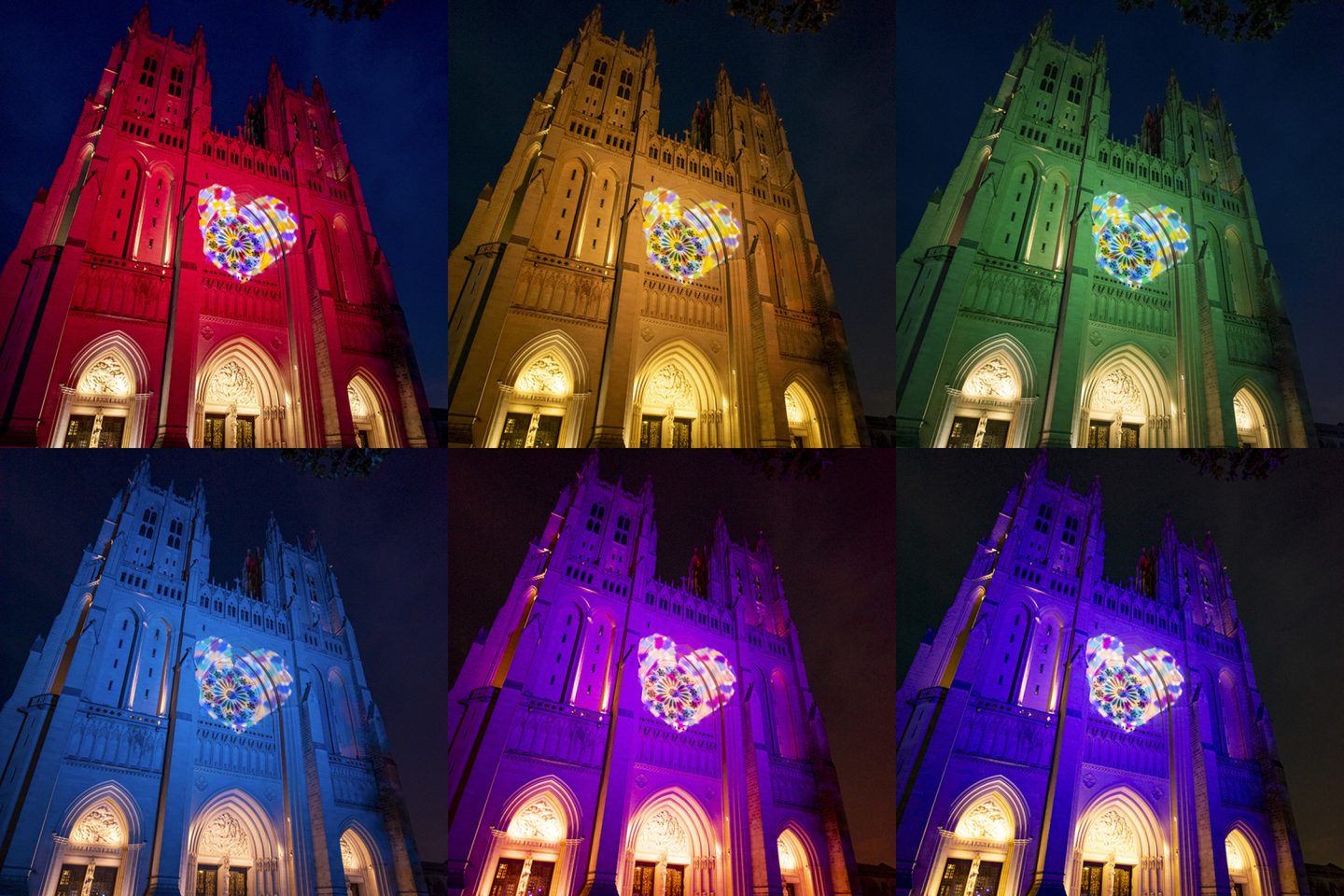 multiple views of the Cathedral's west façade illuminated in LGBTQIA colors during Pride