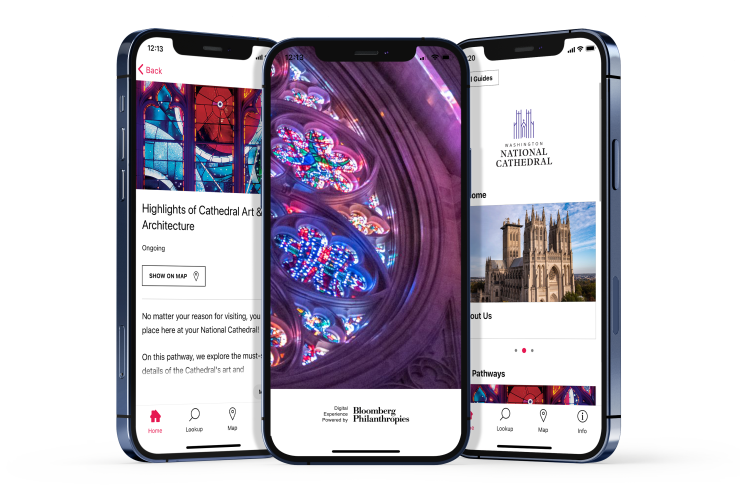 Three phone views of the Cathedral's mobile guide on the Bloomberg Connects app