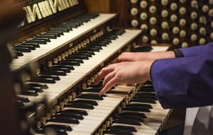Detail of organist hands playing over the Cathedral's organ keyboard