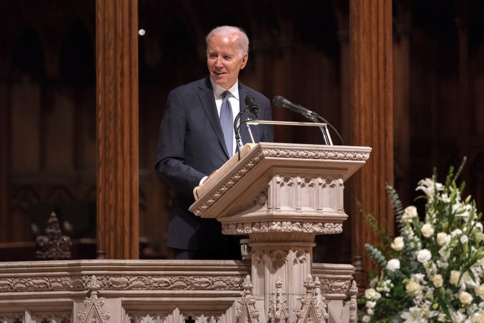 President Joseph R. Biden behind the lectern delivering remarks.