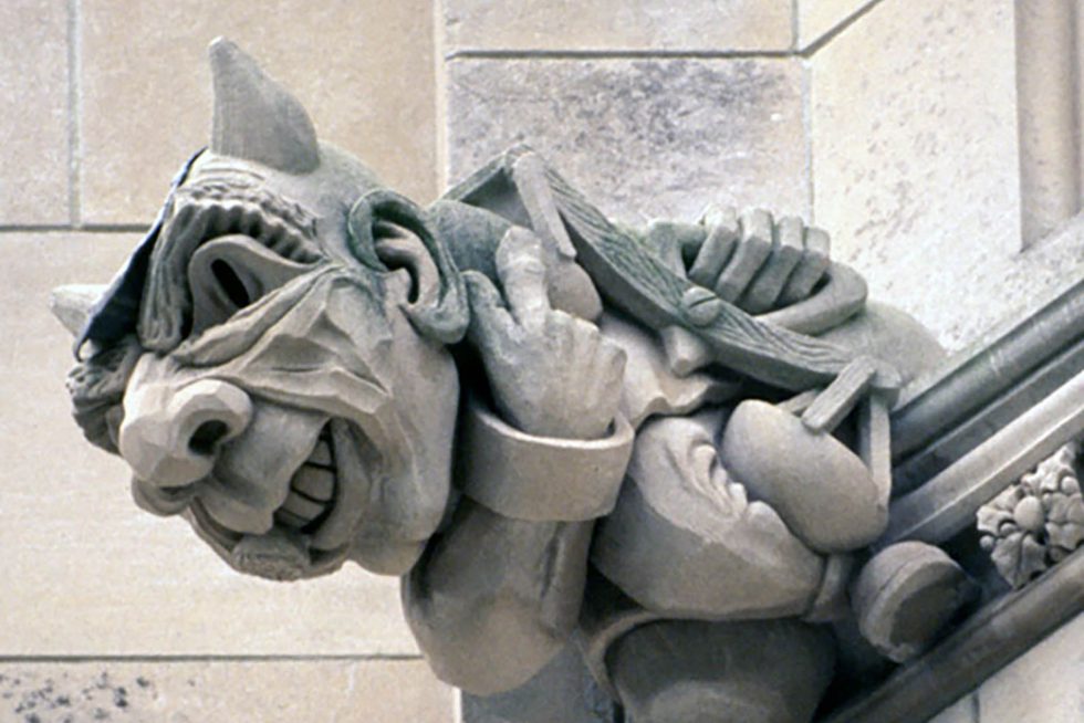 a limestone carving of a crooked politician 
