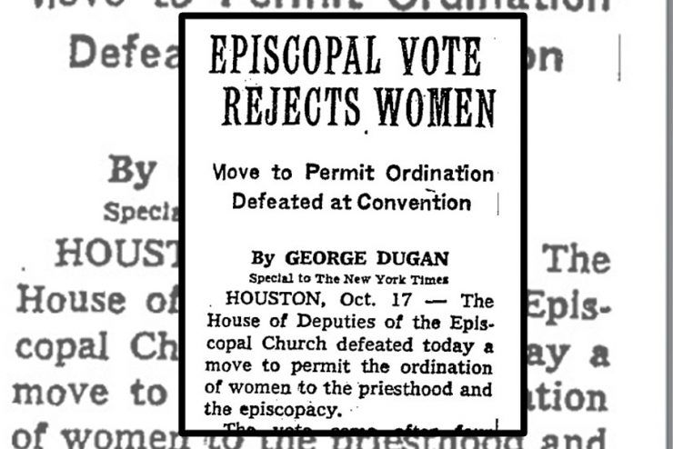 Scanned text from newspaper article that reads "Episcopal Vote Rejects Women"